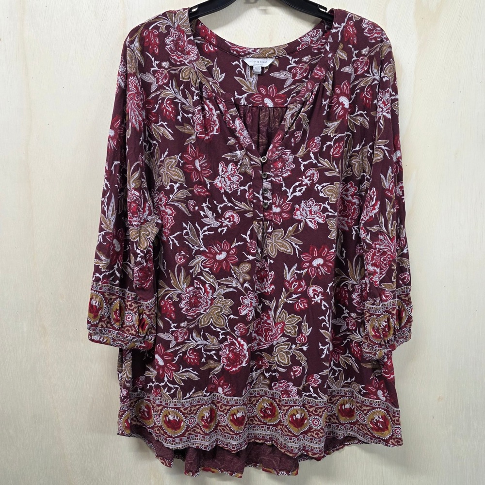 Lucky Brand Womens 3X Burgundy Floral Paisley 3/4 Sleeve Boho Tunic Blouse